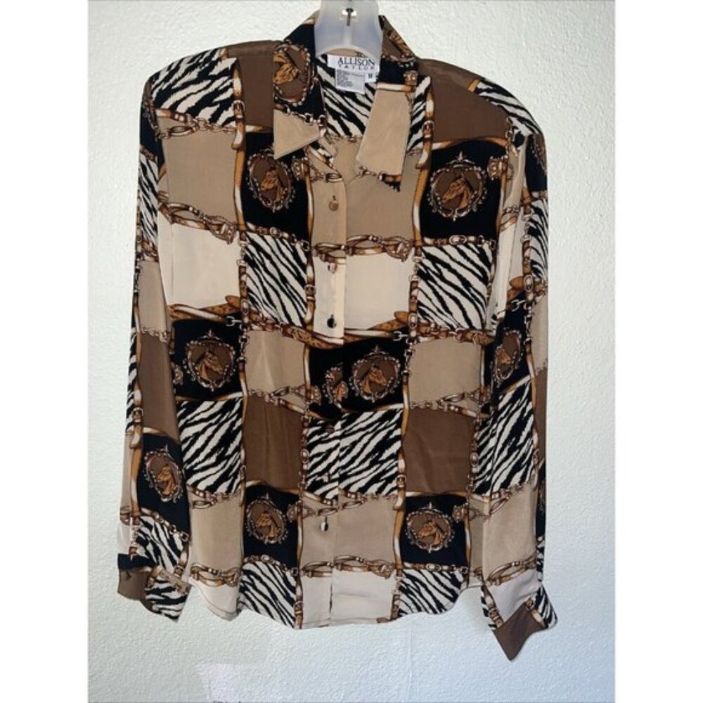 vintage Allison Taylor Silk Blouse Rare Baroque‎ Horse & Zebra block Print rich